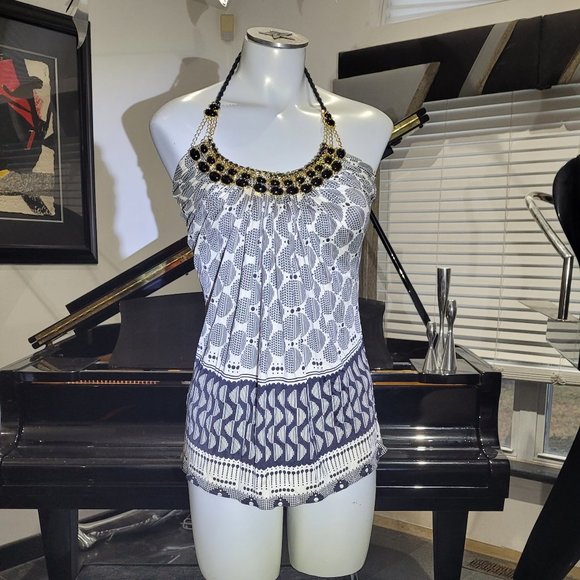 Sky Small, Black and beige top with a black and gold necklace attached. - Picture 1 of 5